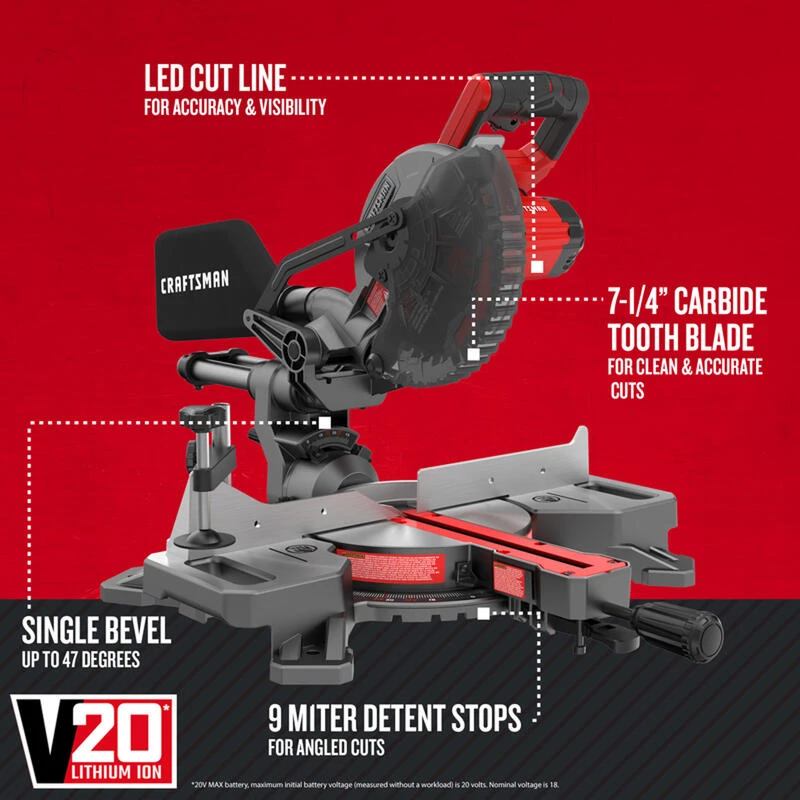 Best Sale ❤️ Craftsman 20 V 7-1/4 in. Cordless Sliding Miter Saw Kit (Battery & Charger) 🤩 8 Best Sale ❤️ Craftsman 20 V 7-1/4 in. Cordless Sliding Miter Saw Kit (Battery & Charger) 🤩 - Image 6